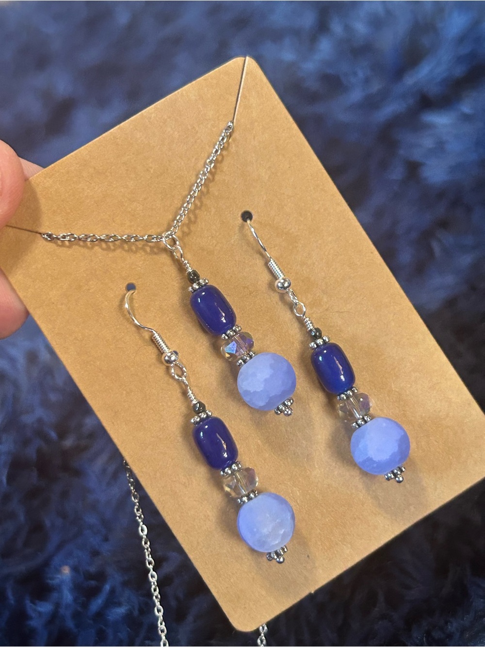 Handcrafted periwinkle crackle glass cat eye crystal necklace and earring set